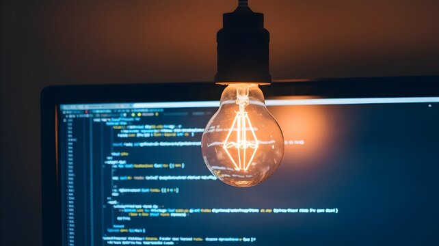 Glowing lightbulb illuminating Python code on dark screen in study