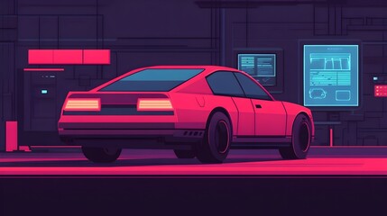 Fototapeta premium Mechanized robot diligently performing advanced maintenance procedures on a luxury electric vehicle in a futuristic neon lit workshop surrounded by holographic displays and high tech equipment