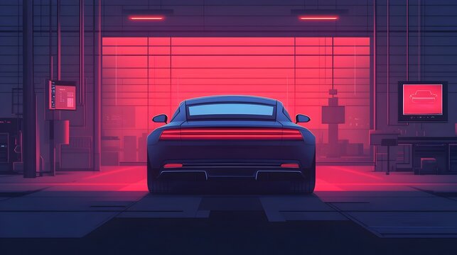 Mechanized robot carrying out sophisticated maintenance procedures on a luxury electric vehicle
