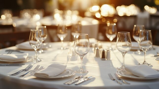 Elegant corporate event venue with round tables set with white linens, crystal glasses, and soft ambient lighting, isolated on white