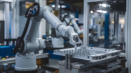 Small robot arm assembling metal components on production line