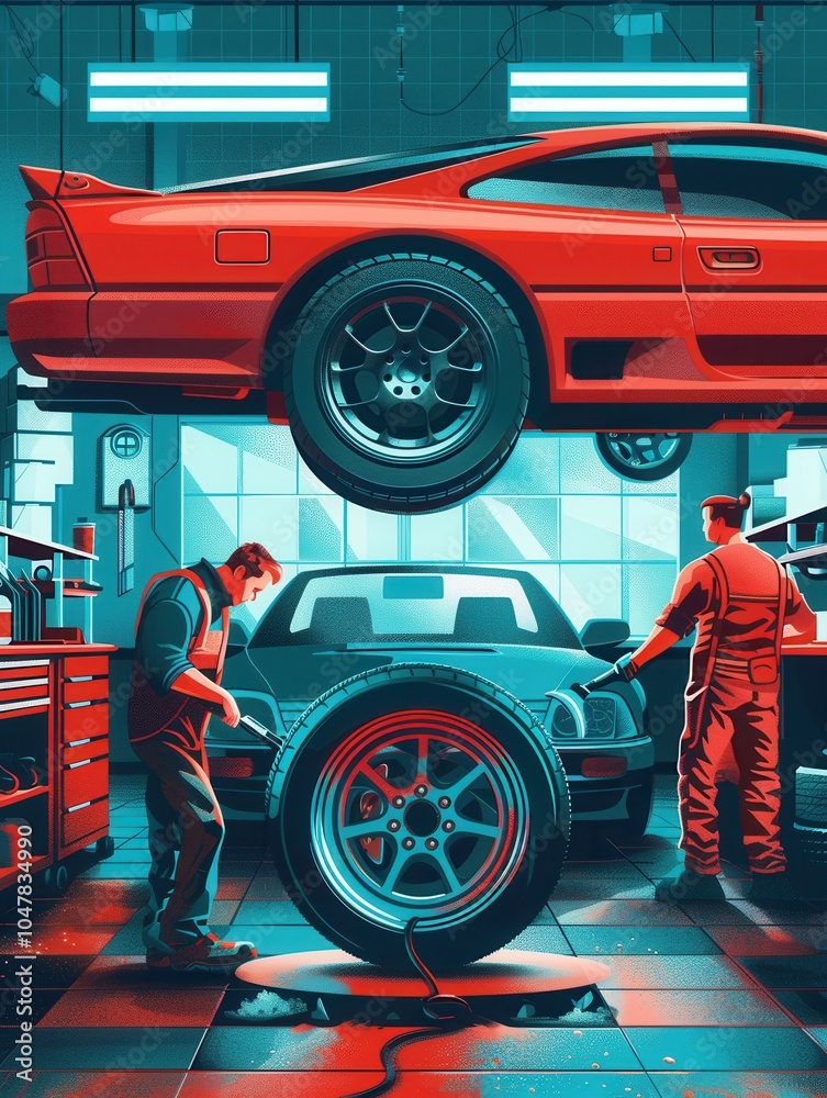 Aufkleber two mechanics are focused on changing tires in a well-lit automotive workshop filled with tools and 