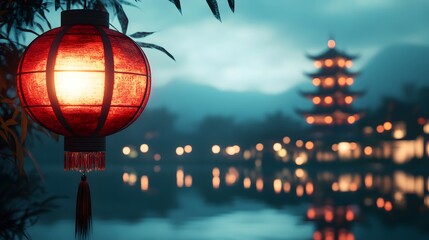Fototapeta premium Red Lantern Hanging Near Pagoda With Water Reflection and Lights at Night