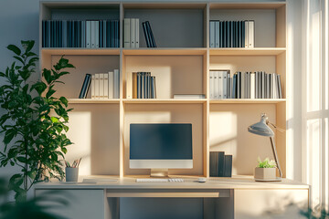 Office interior backdrop for online meetings. Light home office setting background. Minimalist online workspace aesthetics. Video conferencing room design.