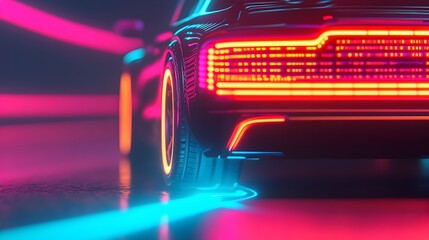 AI powered robotic mechanic using advanced laser tools to repair and restore the sleek futuristic exterior of a high tech car set against a vibrant neon backdrop in a cinematic sci fi inspired scene