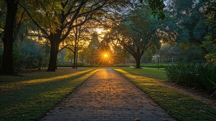 Obraz premium Serene Sunset at a Botanical Garden Pathway