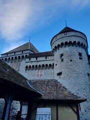 The Chateau de Chillon, a castle on the shores of Lake Geneva, Switzerland. 