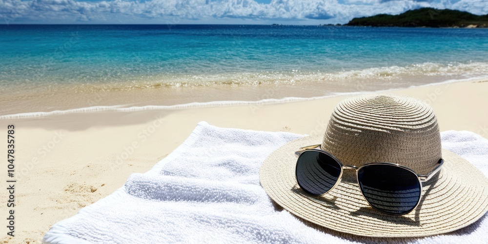 Poster A straw hat and sunglasses rest on a white towel on a sandy beach with the blue ocean in the background.