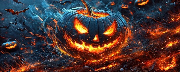 glowing jack o lantern surrounded by flames and bats creates spooky Halloween atmosphere. vibrant colors and intense lighting evoke excitement and sense of celebration.