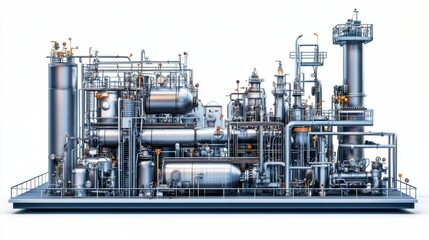 Industrial refinery structure with valves, pipes, and tanks, isolated on white background