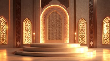Illuminated Golden Platform in an Ornate Islamic Setting