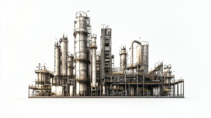 Obraz premium Industrial refinery unit with multiple processing towers and pipe systems, isolated on white background