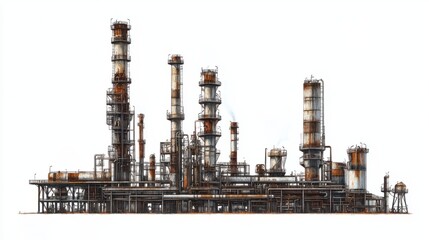 Obraz premium Large industrial oil refinery with chimneys and metal structures, isolated on white background