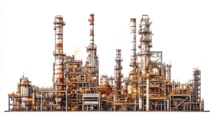 Obraz premium Large industrial oil refinery with chimneys and metal structures, isolated on white background