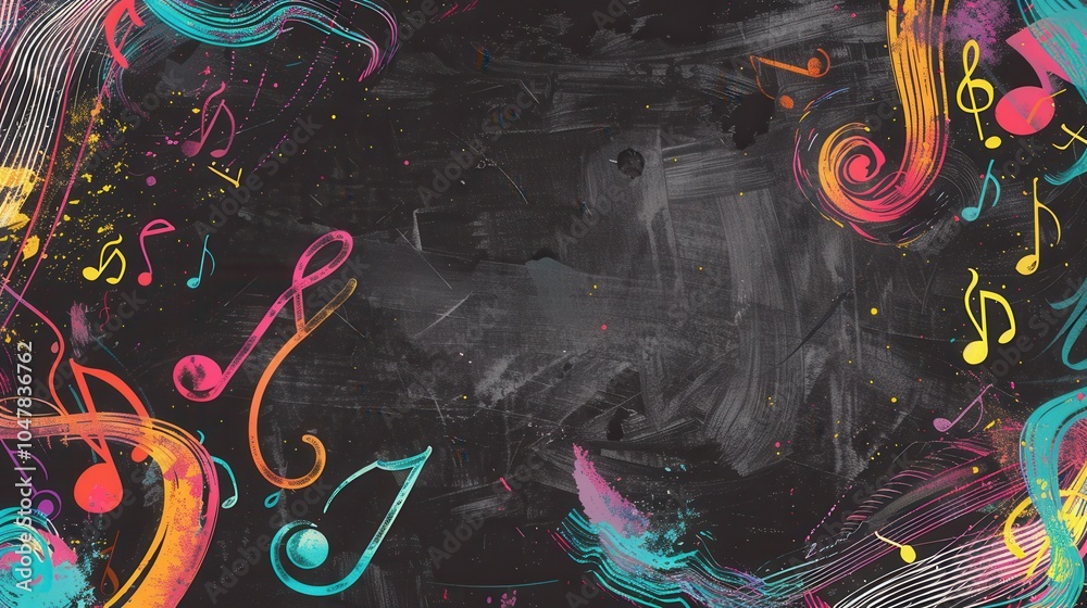 Leinwandbilder A chalkboard showcases a blend of colorful brushstrokes intertwined with lively musical notes and symbols, creating an artistic expression. Generative AI