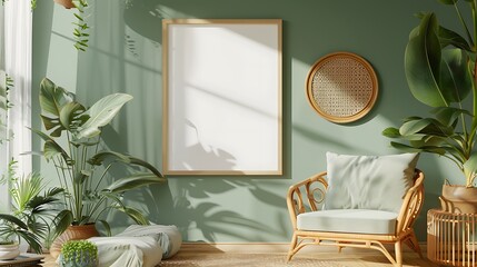 Minimalistic living room interior with wooden rattan furniture, mockup and green plants