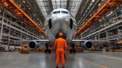 Aircraft Engineer Inspecting the Fuselage of a Jet Plane in a Wide Angle View of the Entire Repair Hangar with Various Planes in Progress