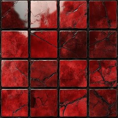 Red marble tiles with a glossy finish and intricate veining pattern, creating a striking visual texture.