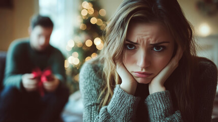 Woman frowns, holding her face, with blurred man and lights in the background. Concept of disappointment during festive seasons. For storytelling about relationship tension.