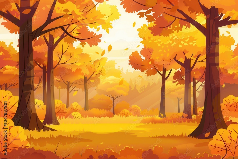 Poster a serene autumn forest glimmers in shades of gold, with trees adorned in bright fall leaves, invitin