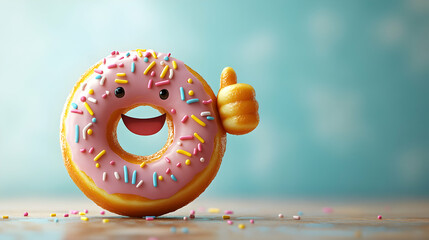 Cheerful Donut Character with Sprinkles Giving a Thumbs-Up Gesture in a Playful and Colorful Setting