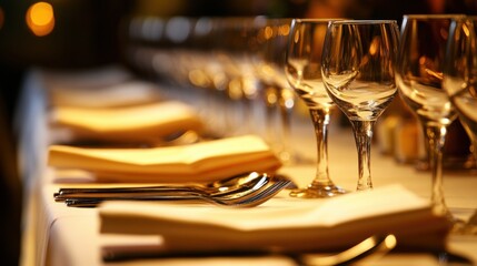 Long banquet table with elegant table settings and dim, cozy lighting at a corporate event venue, isolated on white
