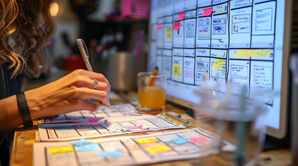 Fototapeta premium A designer working on wireframes for a website, using pen and paper while referencing digital mockups on a large screen