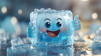 Cheerful Ice Cube Character Giving a Thumbs-Up in a Playful Pose