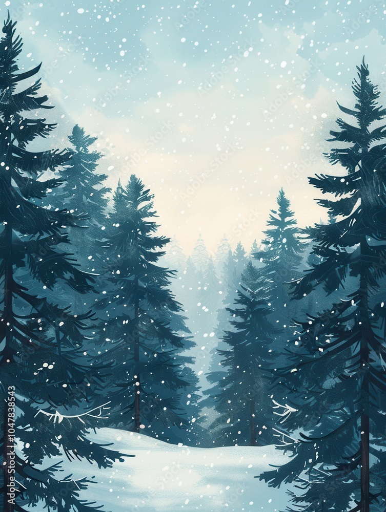 Aufkleber tall pine trees stand majestically in a snow-covered forest, blanketed by soft snowfall and illumina