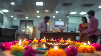 Corporate Diwali Celebration: Gift Exchange and Diyas in a Festive Office Setting