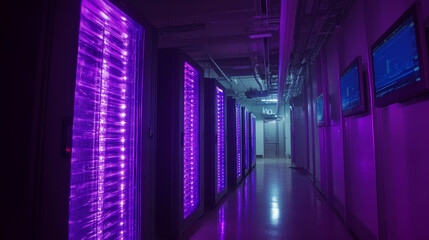 Rows of glowing servers with purple lights line a dim hallway. Concept of advanced technology infrastructure. For technology-related content.