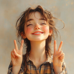 Joyful Artistic Portrait with Peace Signs in Warm Natural Light
