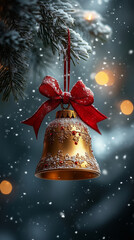Ornate Golden Bell with Red Bow in Magical Winter Night Scene