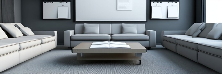 Fototapeta premium Modern living room with white sofas, a wooden coffee table, and minimalist decor.