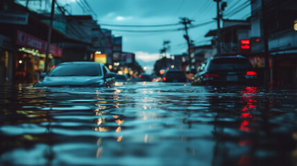 Fototapeta premium Cars are partially submerged on a flooded street in an urban area. Concept of urban flooding and natural disaster. For news articles about extreme weather events.