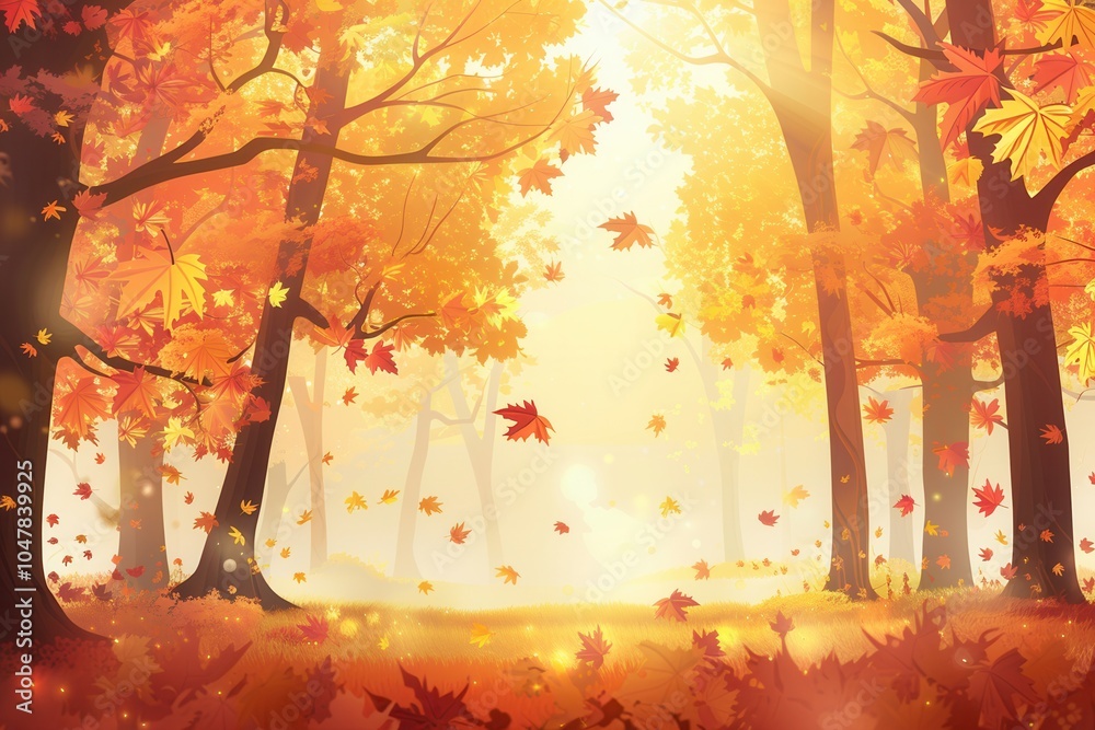 Poster a serene forest is filled with golden trees and bright autumn leaves, creating a peaceful atmosphere