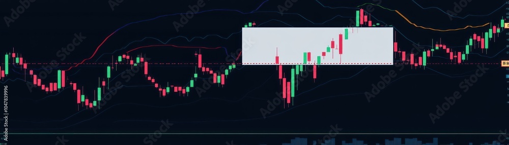 Canvas Prints A candlestick chart showing the price of a financial asset over time. The chart is on a dark background