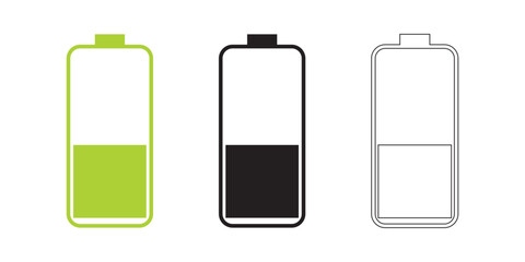 Battery icon set. Battery charging and percentage capacity levels icon. Red, green, yellow and black colors vector illustration.
