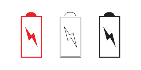 Battery icon set. Battery charging and percentage capacity levels icon. Red, green, yellow and black colors vector illustration.
