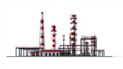 Obraz premium Oil refinery gas flare tower and chimneys with connecting pipes, isolated on white background