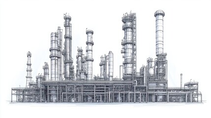 Obraz premium Oil refinery processing columns and flare towers with detailed piping, isolated on white background