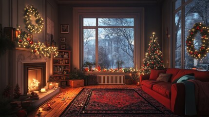 Cozy Christmas Living Room Decor with Fairy Lights, Fireplace, and Presents, Festive Winter Wonderland Atmosphere