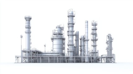 Obraz premium Oil refinery processing columns and flare towers with detailed piping, isolated on white background