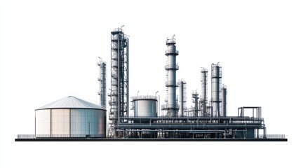 Obraz premium Oil refinery storage units and flare stacks with pipelines, isolated on white background