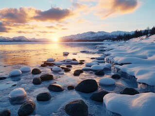 Obraz premium Frozen Lake at Sunset A Breathtaking Winter Landscape with Ice and Snow, A Harsh Beauty Where Frostbite Lurks in the Icy Air