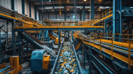 Fototapeta premium Industrial Recycling Facility with Conveyor Belt and Aluminum Cans