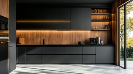 Modern minimalistic kitchen with black and wooden surfaces and household appliances on a sunlight. Modern kitchen. Ultra realistic. Photorealistic