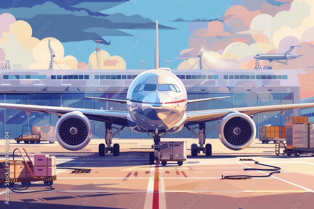 Aufkleber A cargo airplane is preparing for departure as loading equipment surrounds it, bustling with activity on the runway. Generative AI