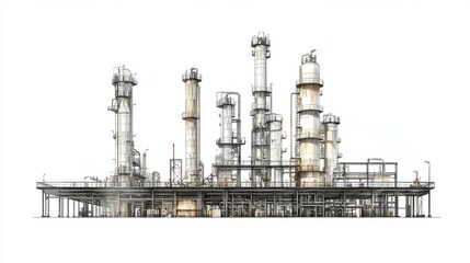 Obraz premium Oil refinery with distillation columns and metal walkways, isolated on white background