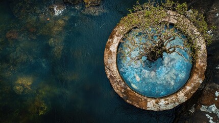 Obraz premium Serene Tree in Round Stone Pool Above Water